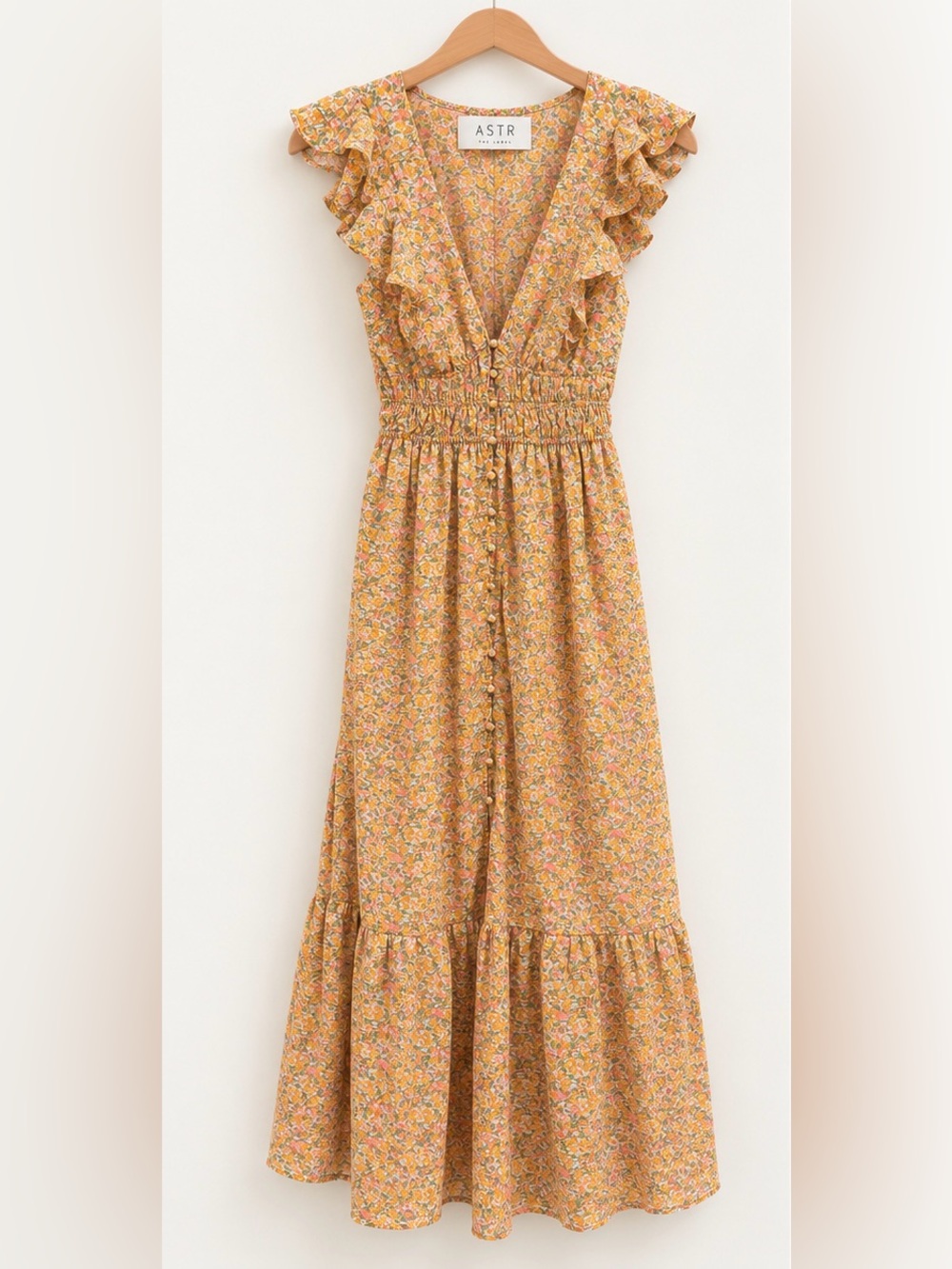 ASTR the Label Montreal Dress Orange Floral Ruffle Maxi M NWT